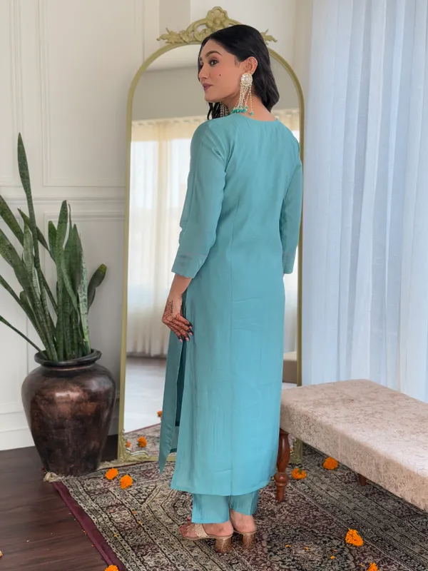 Sky_Blue_Thread_Work_Chanderi_Fabric_Straight_Kurta_Pant_And_Dupatta_Set