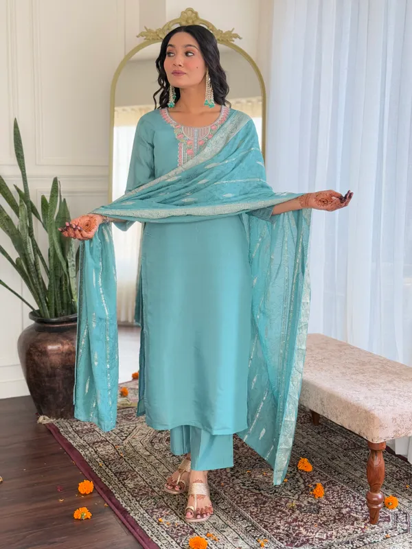 Sky_Blue_Thread_Work_Chanderi_Fabric_Straight_Kurta_Pant_And_Dupatta_Set