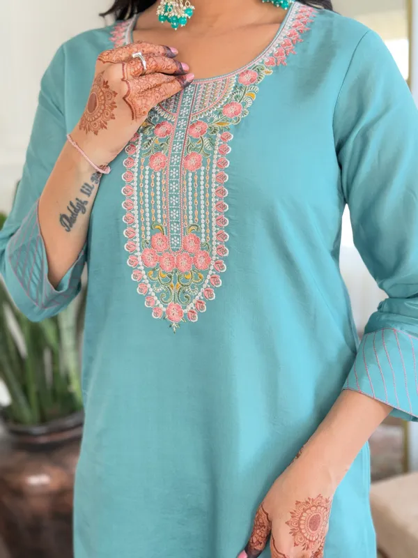 Sky_Blue_Thread_Work_Chanderi_Fabric_Straight_Kurta_Pant_And_Dupatta_Set