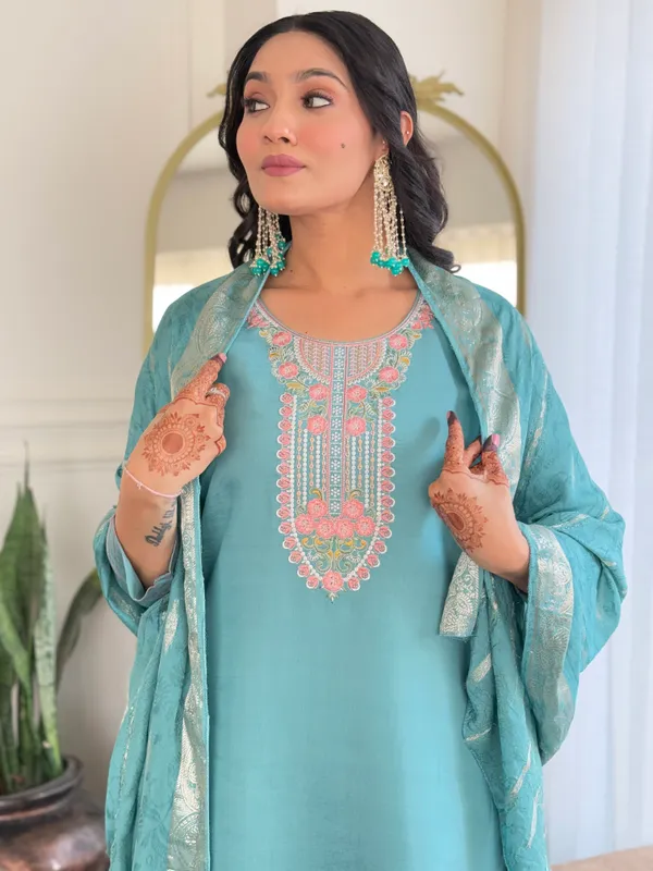 Sky_Blue_Thread_Work_Chanderi_Fabric_Straight_Kurta_Pant_And_Dupatta_Set