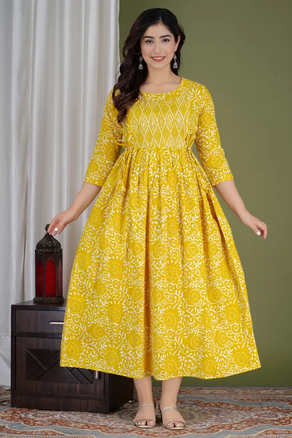 Yellow Floral Cotton Maternity Kurta with Trouser and Dupatta main image 0