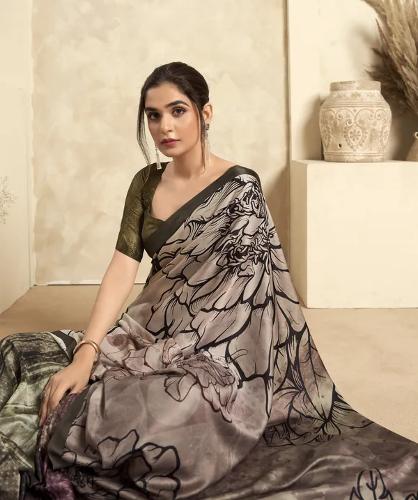 Brown_Satin_Saree_In_Flower_Print_And_Elegance