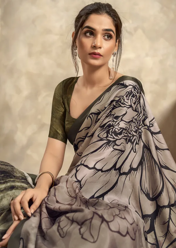 Brown_Satin_Saree_In_Flower_Print_And_Elegance