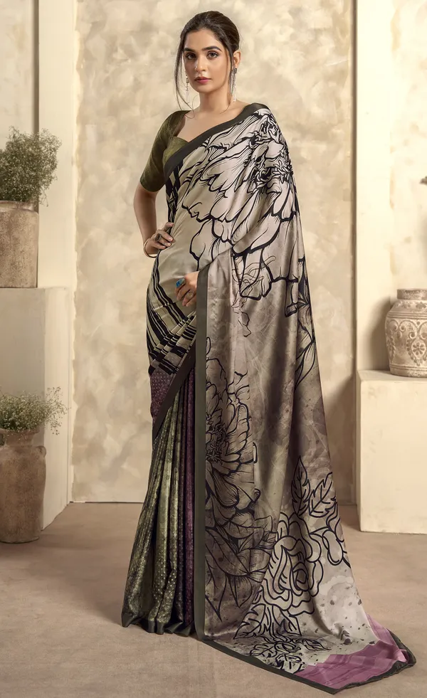 Brown_Satin_Saree_In_Flower_Print_And_Elegance
