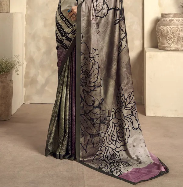 Brown_Satin_Saree_In_Flower_Print_And_Elegance