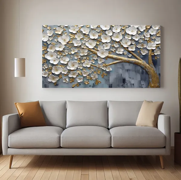 White_Flowers_Tree_Canvas_Wall_Painting_For_Home_Decor_Living_Room_Wall_Decoration_Fitted_With_Wooden_Frame