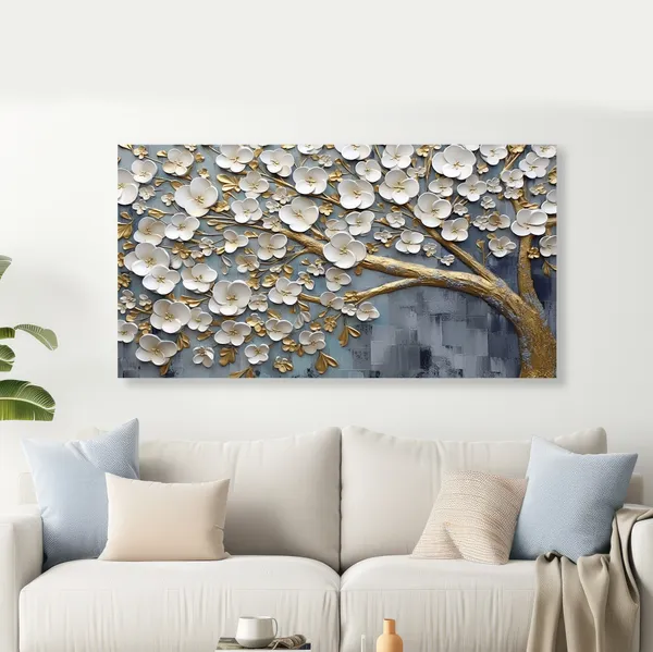 White_Flowers_Tree_Canvas_Wall_Painting_For_Home_Decor_Living_Room_Wall_Decoration_Fitted_With_Wooden_Frame
