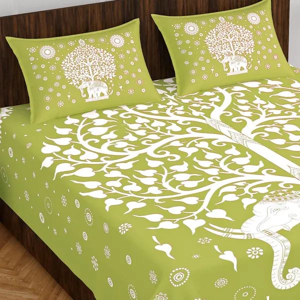 Rajasthani_Jaipuri_Traditional_Double_Bedsheet_with_2_Pillow_Cover_(Green_&_White)