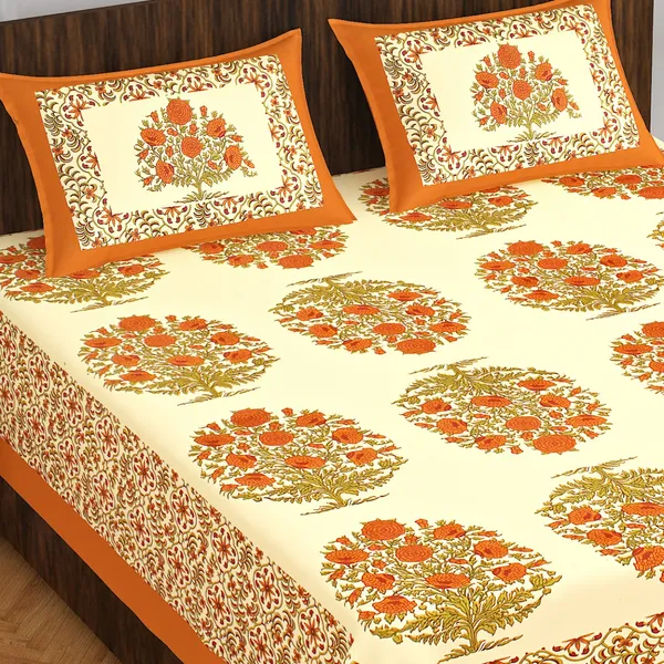 Rajasthani_Jaipuri_Traditional_Double_Bedsheet_with_2_Pillow_Cover_(Cream_&_Orange)