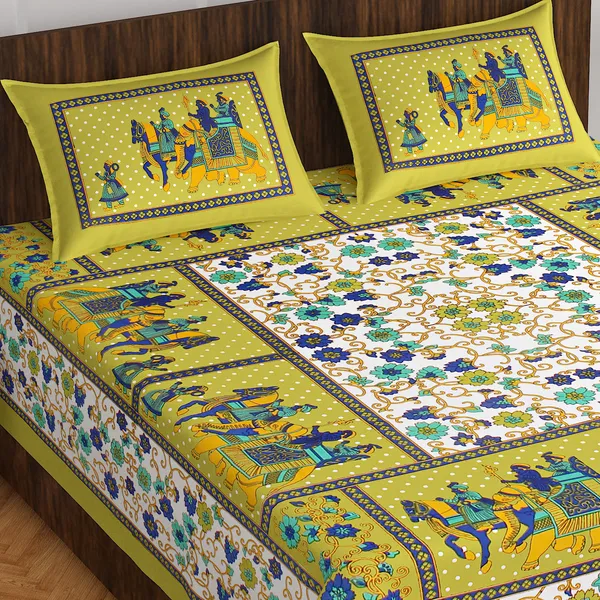 Rajasthani_Jaipuri_Traditional_Double_Bedsheet_with_2_Pillow_Cover_(Green_&_White)