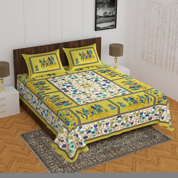 Rajasthani_Jaipuri_Traditional_Double_Bedsheet_with_2_Pillow_Cover_(Green_&_White)