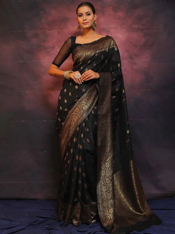 Black_Organic_Lichi_Silk_Saree_For_Women