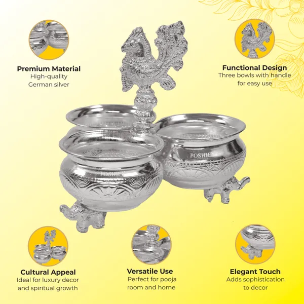 German_Silver_Kumkum_&_Haldi_Holder_With_Three_Attached_Bowls_And_Handle