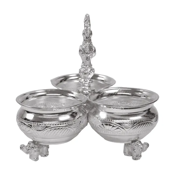 German_Silver_Kumkum_&_Haldi_Holder_With_Three_Attached_Bowls_And_Handle