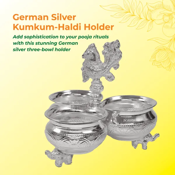 German_Silver_Kumkum_&_Haldi_Holder_With_Three_Attached_Bowls_And_Handle