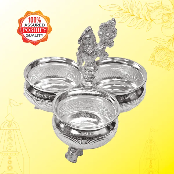 German_Silver_Kumkum_&_Haldi_Holder_With_Three_Attached_Bowls_And_Handle