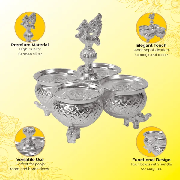 German_Silver_Kumkum_&_Haldi_Holder_With_Four_Attached_Bowls_And_Handle