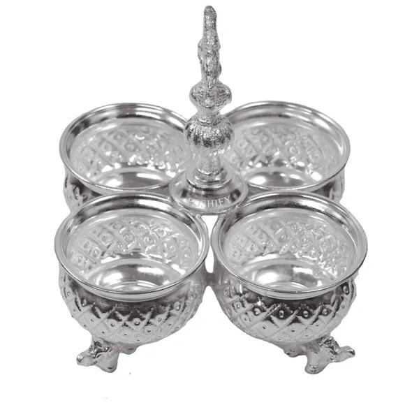 German_Silver_Kumkum_&_Haldi_Holder_With_Four_Attached_Bowls_And_Handle
