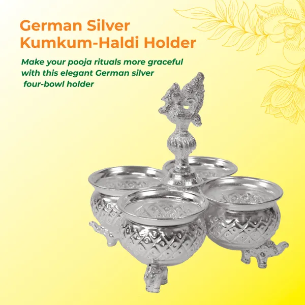 German_Silver_Kumkum_&_Haldi_Holder_With_Four_Attached_Bowls_And_Handle