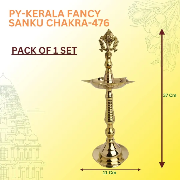 Gold_Brass_Exquisite_Shank_&_Chakra_Designed_Traditional_Kerala_Style_Diya_Holder_Count_Of_1