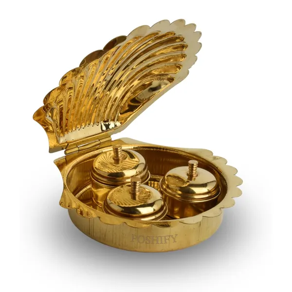 Gold_Brass_Pearl_Shell_Shaped_Kumkum_Holder_With_Separate_Containers_Kumkum_,Turmeric_And_Sandalwood