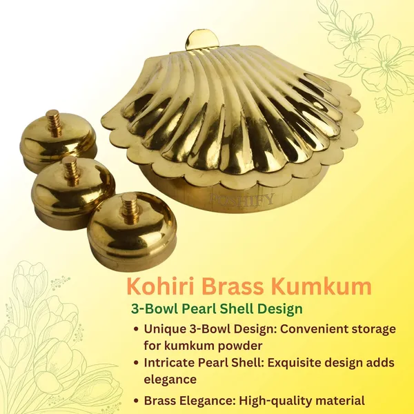 Gold_Brass_Pearl_Shell_Shaped_Kumkum_Holder_With_Separate_Containers_Kumkum_,Turmeric_And_Sandalwood