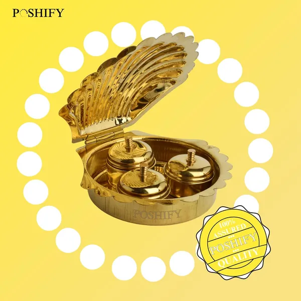 Gold_Brass_Pearl_Shell_Shaped_Kumkum_Holder_With_Separate_Containers_Kumkum_,Turmeric_And_Sandalwood