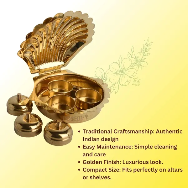 Gold_Brass_Pearl_Shell_Shaped_Kumkum_Holder_With_Separate_Containers_Kumkum_,Turmeric_And_Sandalwood