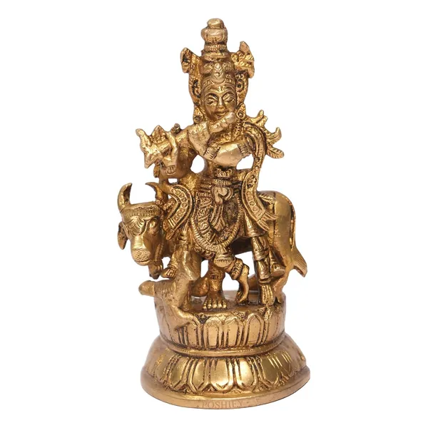 Golden_Brass_Krishna_Playing_Flute_With_Cow_Idol