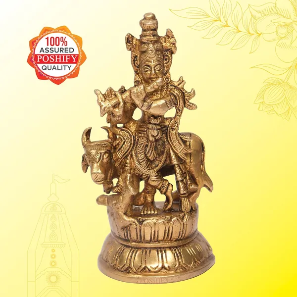Golden_Brass_Krishna_Playing_Flute_With_Cow_Idol