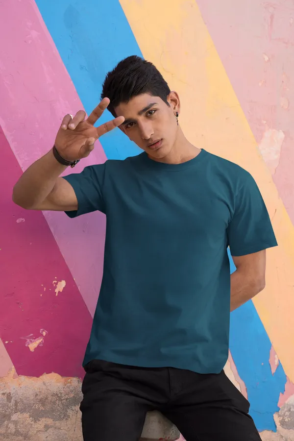 Petrol_Blue_Cotton_Regular_Fit_T-Shirt_For_Men