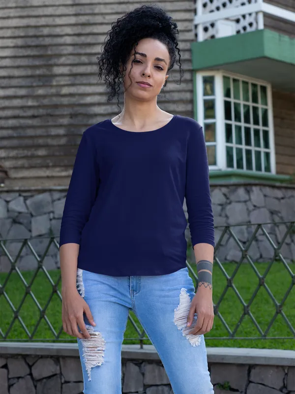Navy_Blue_Cotton_Regular_Fit_T-Shirt_For_Women