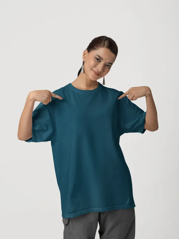 Petrol_Blue_Cotton_Oversized_T-Shirt_For_Women