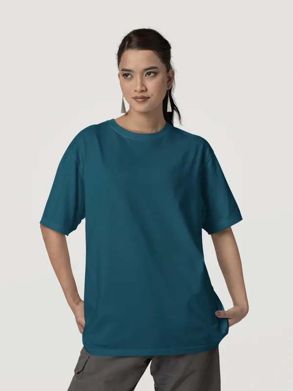 Petrol_Blue_Cotton_Oversized_T-Shirt_For_Women