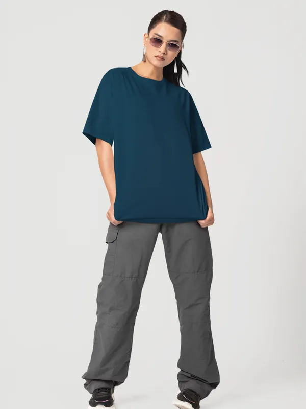 Petrol_Blue_Cotton_Oversized_T-Shirt_For_Women