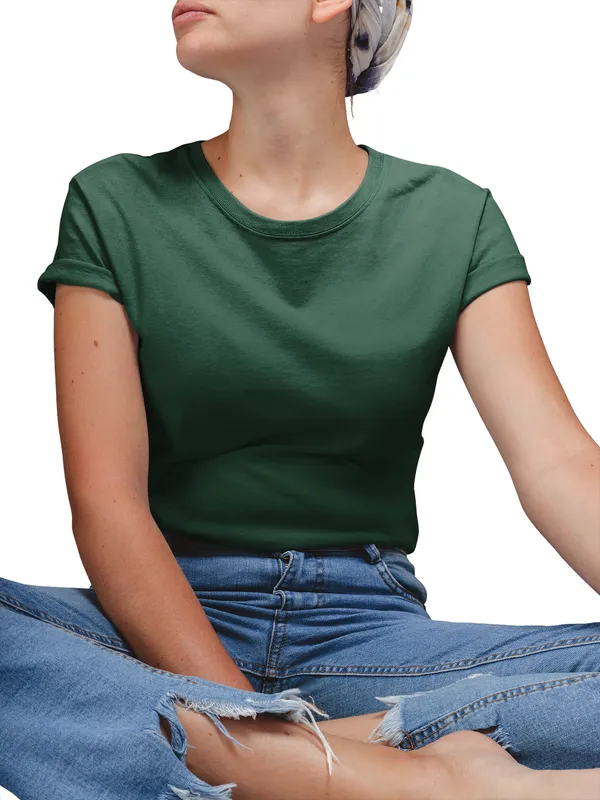 Dark_Green_Cotton_Regular_Fit_T-Shirt_For_Women