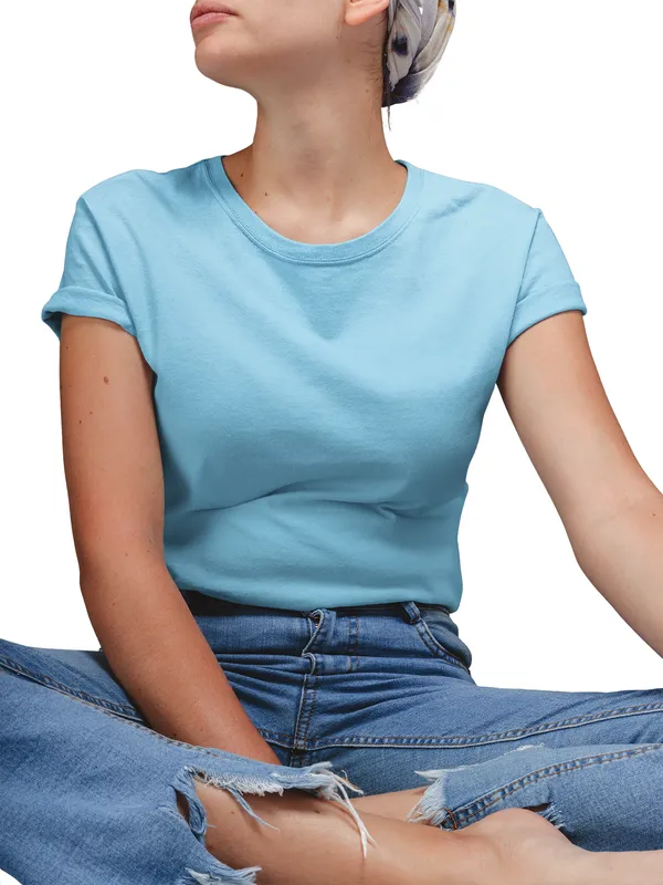 Sky_Blue_Cotton_Regular_Fit_T-Shirt_For_Women