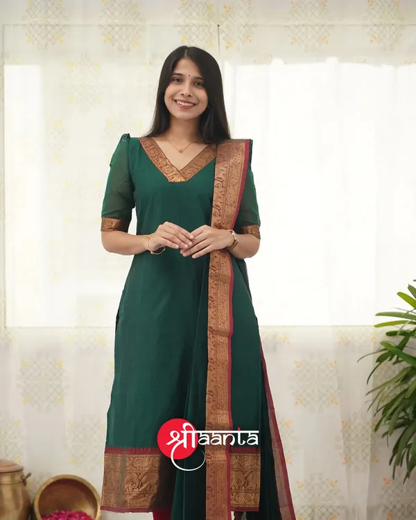 Bottle_Green_shade_and_Reddish_Maroon_tone_Cotton_Salwar_With_Dupatta_For_Women