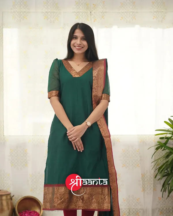 Bottle_Green_shade_and_Reddish_Maroon_tone_Cotton_Salwar_With_Dupatta_For_Women