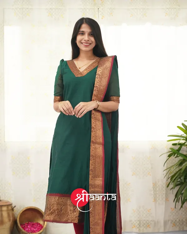 Bottle_Green_shade_and_Reddish_Maroon_tone_Cotton_Salwar_With_Dupatta_For_Women