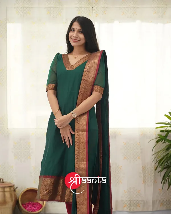 Bottle_Green_shade_and_Reddish_Maroon_tone_Cotton_Salwar_With_Dupatta_For_Women