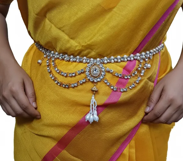 White_&_Gold_Metal_Cubic_Zirconia_Contemporary_Waist_Hip_Belt_Kamarband