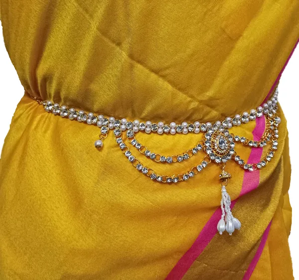 White_&_Gold_Metal_Cubic_Zirconia_Contemporary_Waist_Hip_Belt_Kamarband