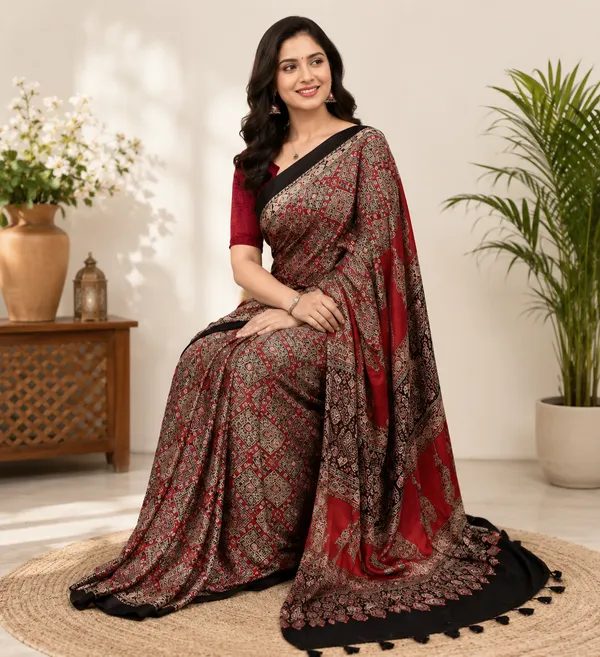 MAROON_AJRAKH_MODAL_SILK_SAREE_WITH_BLOUSE