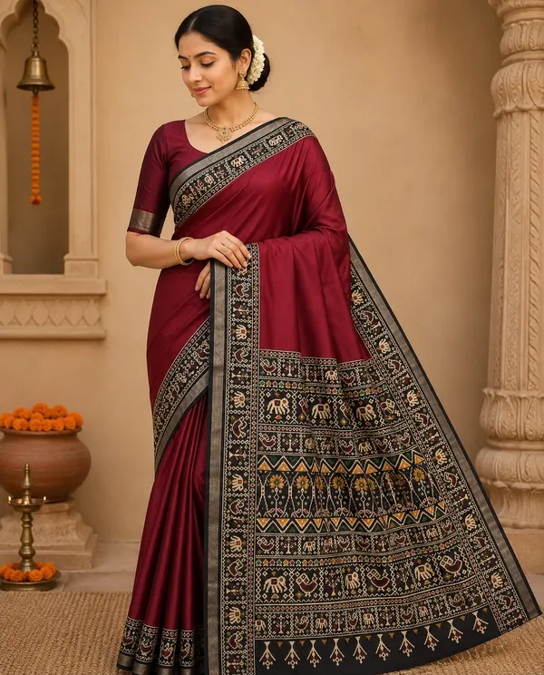 Traditional_Patola_Border_Saree_with_Plain_Body_Dola_Silk_Saree_-_Red