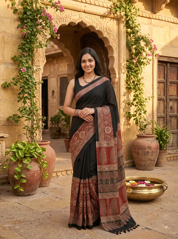 Cerulean_Striped_Ajrakh_Hand-Printed_Silk_Saree