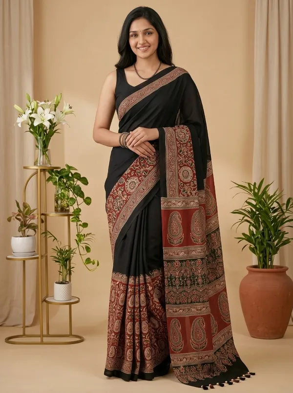 Cerulean_Striped_Ajrakh_Hand-Printed_Silk_Saree