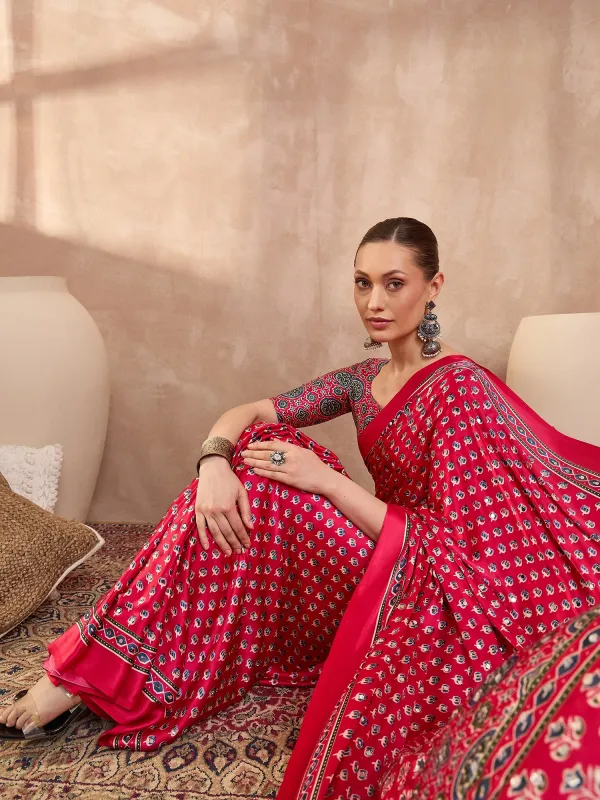 Pink_Lotus__Ajrakh_Mirror_Work__Saree_With_Blouse