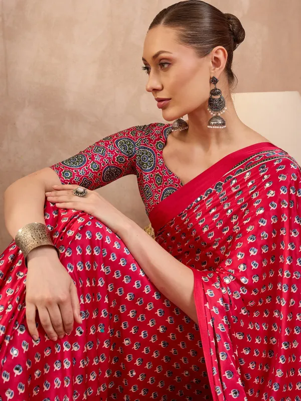 Pink_Lotus__Ajrakh_Mirror_Work__Saree_With_Blouse