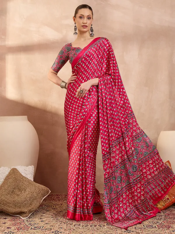 Pink_Lotus__Ajrakh_Mirror_Work__Saree_With_Blouse